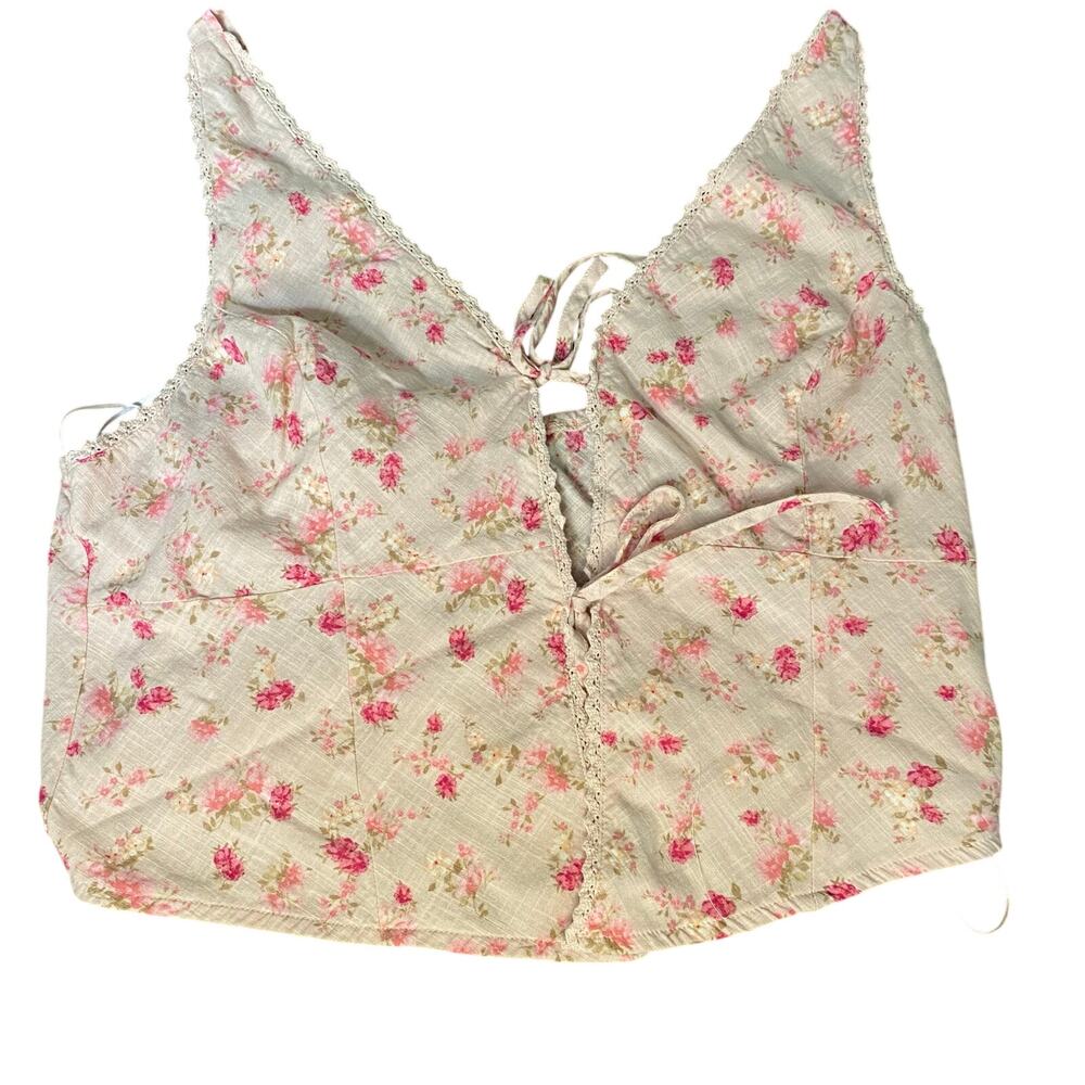 Pink Rose pink red floral rose cottage‎ plunge neckline cropped tank SIZE XL
